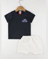 08 conjunto bebe camiseta bermuda saruel moletinho ecologico menino verao preto mescla